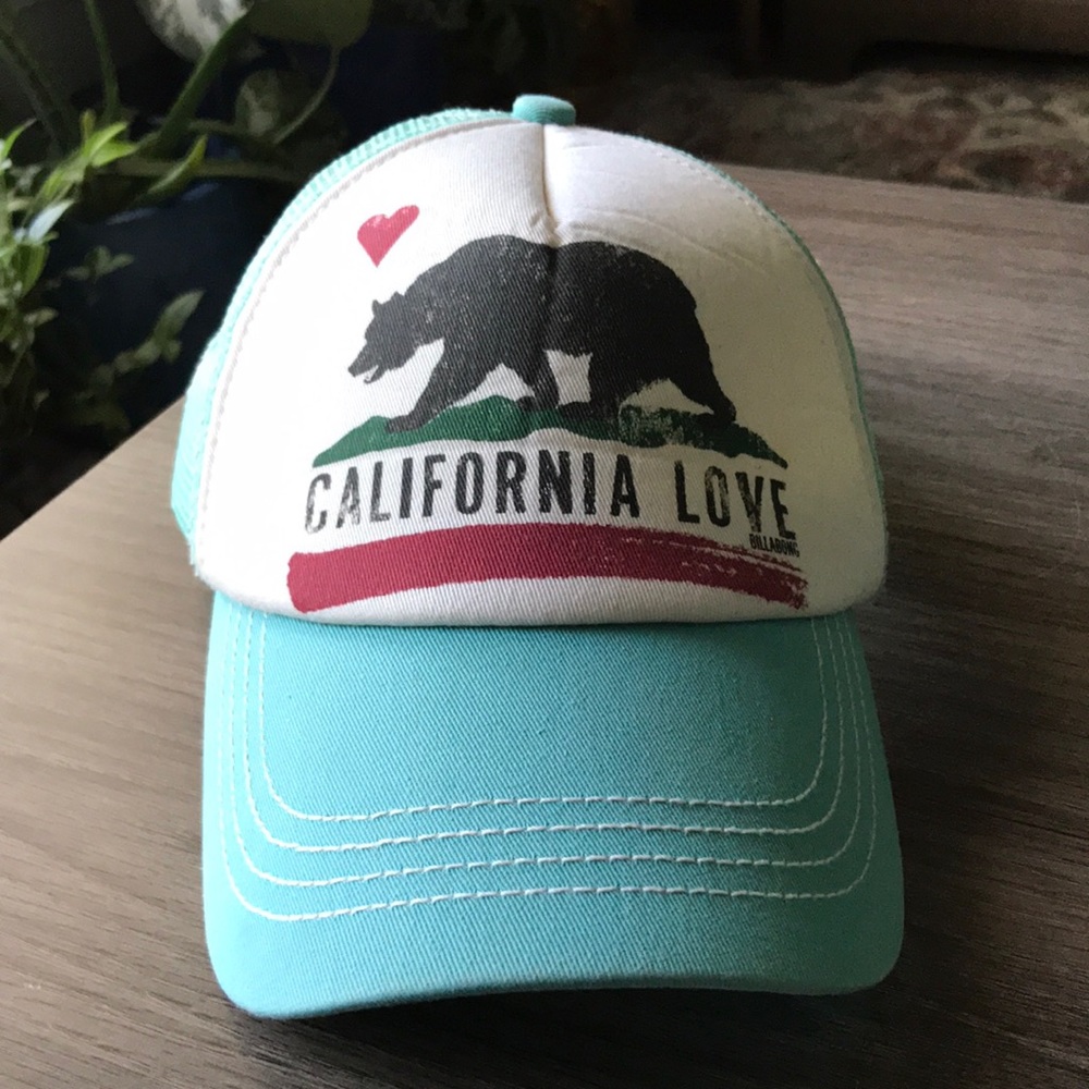 Billabong California Love Trucker Hat in Aqua, White, Black and Red